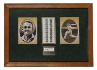 SIR DONALD BRADMAN: A framed strip of twelve commemorative Sir Donald Bradman stamps, 1997, presented to Alan Jones to commemorate the launch of the Australian Legends stamp, 25th January 1997, the frame 52 x 73cm