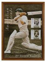 SIR DONALD BRADMAN: A framed strip of twelve commemorative Sir Donald Bradman stamps, 1997, presented to Alan Jones to commemorate the launch of the Australian Legends stamp, 25th January 1997, the frame 52 x 73cm - 3