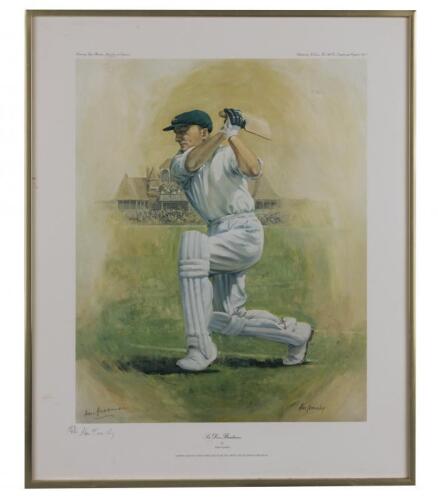 SIR DONALD BRADMAN: A signed print of Sir Donald Bradman, editioned and signed lower left by Sir Donald Bradman and the artist Alan Fearnley, framed and glazed, 43 x 34.5cm