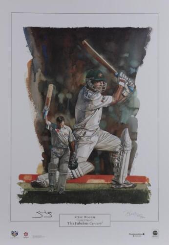 MEMORABILIA: A limited edition colour reproduction print 'Steve Waugh, This Fabulous Century, 2003' by Brian Clinton,, published by Legends Genuine Memorabilia, signed by Steve Waugh lower left and signed and editioned by Brian Clinton 333/500 lower right