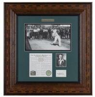 SIR DONALD BRADMAN: A framed commemorative black and white photograph of Sir Donald Bradman in the nets, released by the Bradman Museum with further inset black and white portrait photograph and signature of Sir Donald Bradman, editioned 1979/2500, the fr
