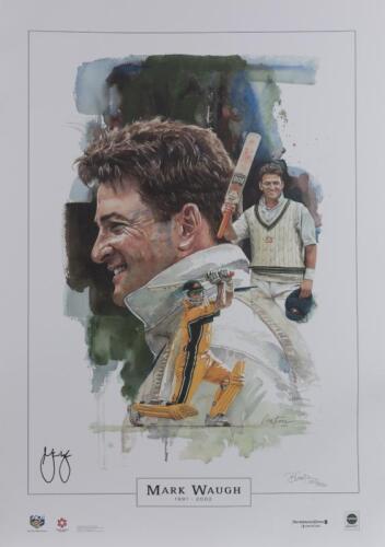 MEMORABILIA: A limited edition colour reproduction print 'Mark Waugh 1991 - 2002' by Brian Clinton, published by Legends Genuine Memorabilia, signed by Mark Waugh lower left and signed and editioned by Brian Clinton 333/500 lower right, includes certifica