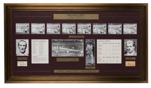 MEMORABILIA: "Bodyline", a series of stills of Larwood bowling to Bradman in the fifth test at the SCG February 1933, portrait of D.R. Jardine, D.G. Bradman and H. Larwood, the frame 62 x 112cm (SALEROOM NOTICE)