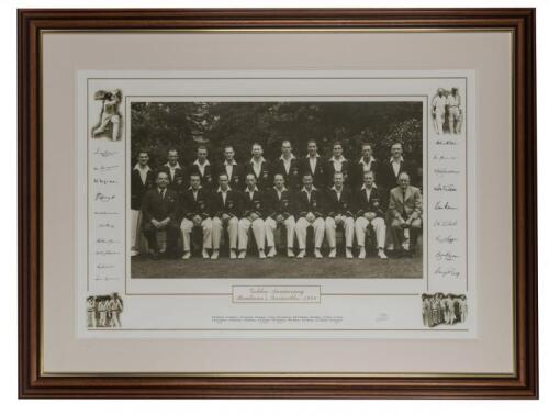 MEMORABILIA: A framed black and white reproduction print 'Golden Anniversary of Bradman's Invincibles 1948', editioned 756/2000, together with the Certificate of Authenticity, certificate Number: 756 and autographs from five members of "The Invincibles", 