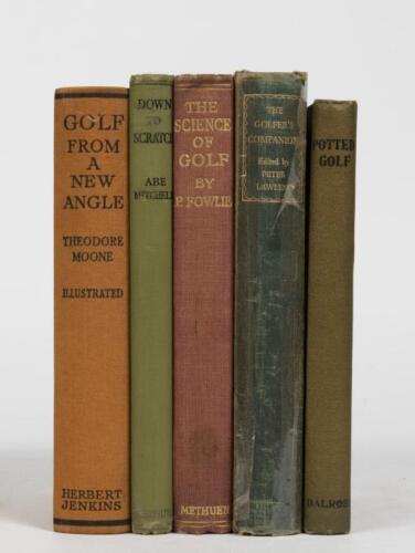 GOLF INSTRUCTION: A collection of vintage linen bound hardback books relating to the instruction of golf, including GOLF FROM A NEW ANGLE' by Theodore Moone, published 1934 by Ebenezer Baylis and Son Limited, 248 pages