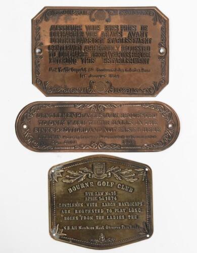 PLAQUES: Three NOVELTY reproduction golf related impressed plaques with risqu&eacute; statements , the largest 13.5 x 9cm