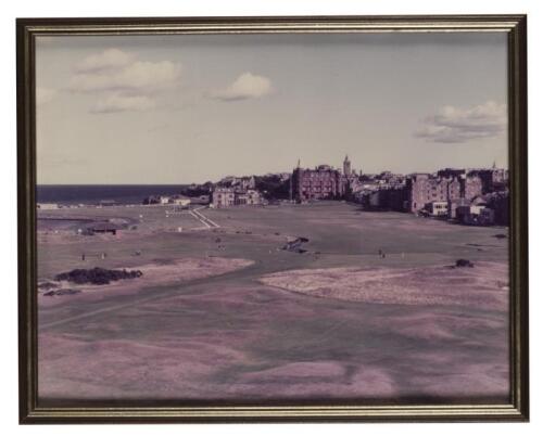 ST. ANDREWS: A framed hand-coloured lithograph of St. Andrews golf course 1800 published in 1960, together with a framed reproduction print of St. Andrews 1891 and a framed photograph of St. Andrews circa 1980's, all framed and glazed, the largest 44 x 61