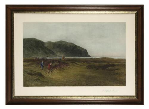 CAERNARVONSHIRE GOLF CLUB: A reproduction print of Caernarvonshire Golf Club in Conway, Wales, 'A Difficult Bunker' by Douglas Adams, framed and glazed, 60 x 83 cm overall