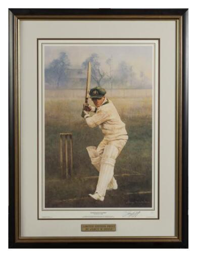 SIR DONALD BRADMAN: A limited edition print 'Sir Donald and his Trusty Blade' by d'Arcy Doyle, editioned 303 of 1000 signed in pencil lower right by d'Arcy Doyle, framed and glazed, 84.5 x 63.5cm overall