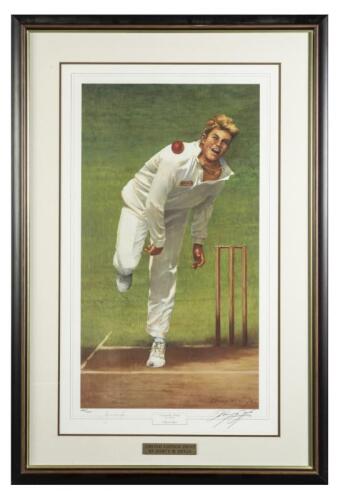 SHANE WARNE: A limited edition print 'Around the World' by d'Arcy Doyle, editioned 286 of 1500 signed in pencil lower left by Shane Warne and lower right by d'Arcy Doyle, framed and glazed, 105 x 71.5 cm overall