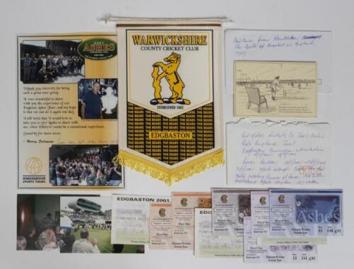 CRICKET EPHEMERA: A colletion of cricket ephemera including postcards, tickets from the Ashes in 2001 and a Wickwickshire County Cricket Club banner