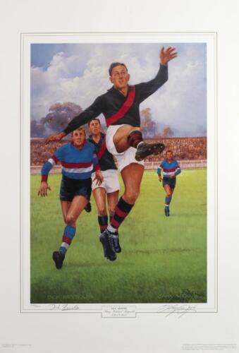 DICK REYNOLDS: A limited edition print 'AFL Legend King Richard Reynolds' by d'Arcy Doyle, editioned 538 of 1500 signed in pencil lower left by Dick Reyolds and lower right by d'Arcy Doyle, unframed, accompanied by a COA from Doyle Publications, 81 x 55cm