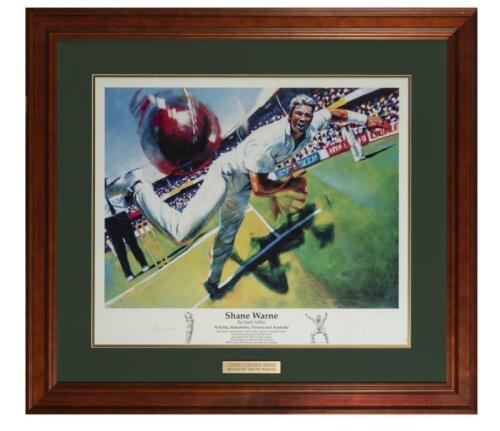 SHANE WARNE: A signed limited edition print of Shane Warne by Mark Sofilas, editioned 242 of 550, signed in pencil lower left by Shane Warne and monogrammed lower right by Mark Sofilas, framed and glazed, 84 x 94cm overall
