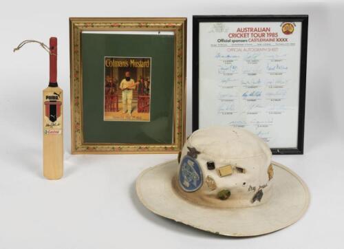 REMAINS OF COLLECTION: A Parramatta District Cricket Association cricket hat decorated with international badges, a miniature cricket bat and two frames