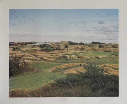 ROYAL BIRKDALE & GLENEAGLES: Two limited edition prints of Royal Birkdale and Gleneagles by Graeme Baxter, editioned 353 of 500 and 334 of 500 respectively and signed lower right by the artist , unframed, 53 x 65cm each overall