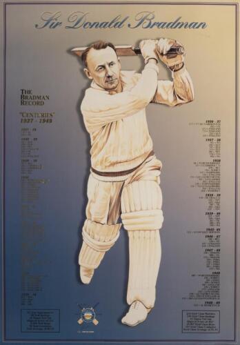 SIR DONALD BRADMAN: A limited edition print by John Christie, featuring Bradman's centuries form 1927 to 1949 in gold foil lettering, editioned 889 of 1500, signed lower middle by John Christie, 100 x 69.5cm overall