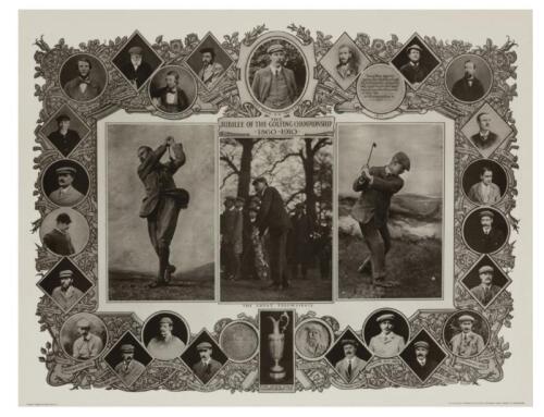 JUBILEE OF THE GOLFING CHAMPIONSHIP: A foam board mounted commemorative poster of the Jubilee of the Golfing Championship 1860-1910, with portrait of the competitors in a decorative frieze, 42 x 54cm