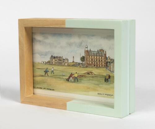 FRAME: A contemporary double-sided picture frame with prints of St. Andrews golf course, 14.5 x 19.5 overall