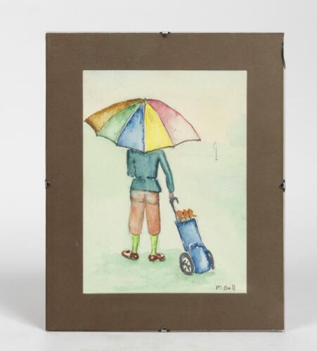 ROYAL LYTHAM & ST ANNES: A facsimile print of Royal Lytham and St. Annes by Graeme W Baxter, signed in pencil lower right, together with a naive watercolour of a golfer with umbrella signed lower right M Bell