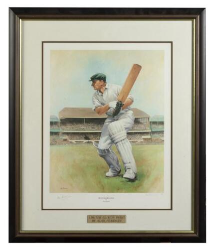 SIR DONALD BRADMAN: A limited edition print 'Sir Donald Bradman' by Alan Fearnley, editioned 662 of 850, signed in pencil lower left by Sir Donald Bradman and lower right by Alan Fearnley, framed and glazed, 75 x 65cm overall
