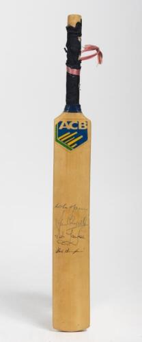 AUSTRALIAN CRICKET CAPTAINS: A mini ACB cricket bat signed Australian Test Cricket captains Arthur Morris, Ian Chappell, Mark Taylor and Bob Simpson