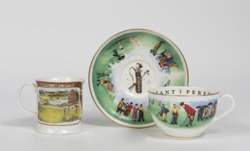 ROYAL WORCESTER: A Royal Worcester porcelain tea cup and saucer depicting golfing scenes, inscribed to rim 'To a Very Important Person', together with a Queens porcelain coffee can with golfing scenes, the tea cup and saucer 16.5cm diameter