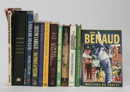 BATSMEN: A collection of twelve books relating to batsmen, including an autographed copy of 'ASHES GLORY' by Allan Border and an Autographed copy of 'TAYLOR MADE' by Mark Taylor