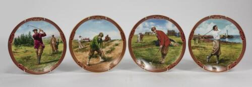 ROYAL WORCESTER: Four Royal Worcester Cabinet plates from the 'Golfing Collection' designed by Melvyn Buckley, including 'The Links', 'The Bunker', 'The ClubHouse' and 'The Fairway', all with wall mounts, 21cm diameter each