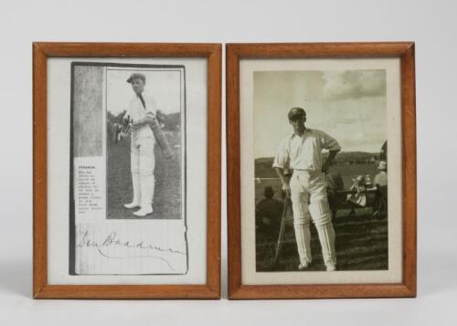 SIR DONALD BRADMAN: Two framed photographs&nbsp;of Sir Donald Bradman, one at Bowral Oval in 1926 and one at his home in Bowral, both printed circa 1995, together with a later print of newspaper clipping and signature , framed and glazed, 19.5 x 14cm each over