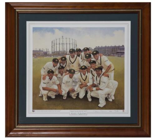 ENGLAND AND AUSTRALIA: A framed print "Celebrated Australian Cricket Teams Series - Australia in England 2001" by Dave Thomas, the frame 65 x 69cm