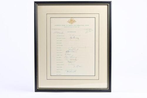 AUTOGRAPHS: An Australian Board of Control For International Cricket, Australian Team on Tour 1961 autograph sheet, signed by all 17 players including Richie Benaud (Capt.) and Neil Harvey (Vice Capt.), framed and glazed, 38 x 32.5cm overall
