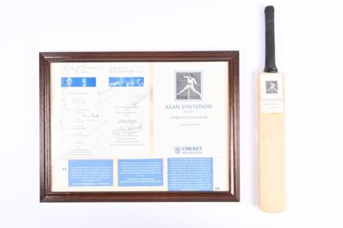 ALAN DAVIDSON: A framed menu, programme and a mini cricket bat comemmorating the Alan Davidson Tribute Luncheon 2003 signed by himself, Richie Benaud, Kerry O'Keefee and others, framed and glazed, 31 x 42cm overall