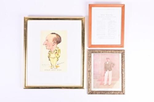 SIR DONALD BRADMAN: Three frames relating to Sir Donald Bradman, comprising a facsimile photograph, a caricature and a list detailing his record career, all framed and glazed, the largest frame 47 x 39.5cm overall