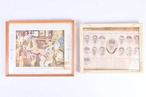 AUSTRALIAN CRICKETERS: Two frames depicting Australian cricketers, comprising a print of Syd Millers impressions of Australian cricketers and a facsimile print of the 1930 Test Cricket Team , both framed and glazed, largest frame 32 x 40cm overall