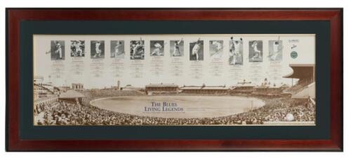 LIVING LEGENDS: A framed print "The Blues Living Legends" signed by twelve cricketing legends, featuring signatures by Arthur Morris, Bob Simpson, Sir Donald Bradman, Neil Harvey, Allan Border, Steve Waugh, Keith Miller, Richie Benaud, Alan Davidson, Bria