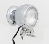 LAMP: An English Raydyot combined spot light with mirror, on ball and socket mounting bracket. 11.5cm wide, glass 9.5cm diameter