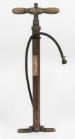PUMP: An Edwardian timber handed and brass foot pump 'Renrut Quad Pump MkII'&nbsp;&nbsp;by William Turner (Kismet Ltd) Sheffield, folding feet and valve fitting, 64cm high
