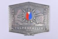 BADGE: A heavy plaque commemorating the RAC West Holland Tulpenrallye 1955, with enamel flower