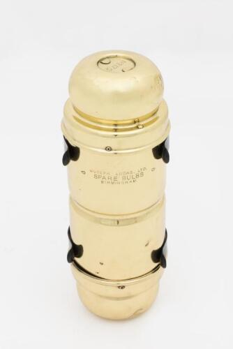 LUCAS: A circa 1920s cylindrical brass Lucas bulb canister with period globes and mounting bracket. 29cm long