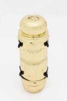 LUCAS: A circa 1920s cylindrical brass Lucas bulb canister with period globes and mounting bracket. 29cm long