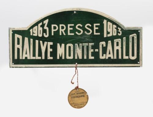 RALLY PLATE: A 'Rallye Monte-Carlo 1963 Presse' embossed tin rally plate for Press, with attached cardboard photographers pass