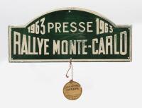 RALLY PLATE: A 'Rallye Monte-Carlo 1963 Presse' embossed tin rally plate for Press, with attached cardboard photographers pass