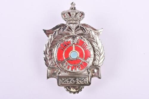 ANCIEN DU VOLANT: A 'ANCIEN DU VOLANT' car badge. Belgium origin. Membership Number '2475-1926'