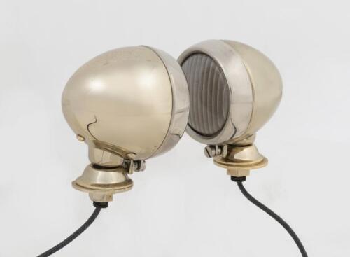 LAMPS: A pair of English NOS side lamps in brass and nickel plate, 9cm high x 5.5cm wide