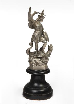 ST. GEORGE: A fine circa 1920s nickel plated alloy mascot of St. George slaying the dragon, understood to have adorned Miesse Cars, Belgium early 1920s