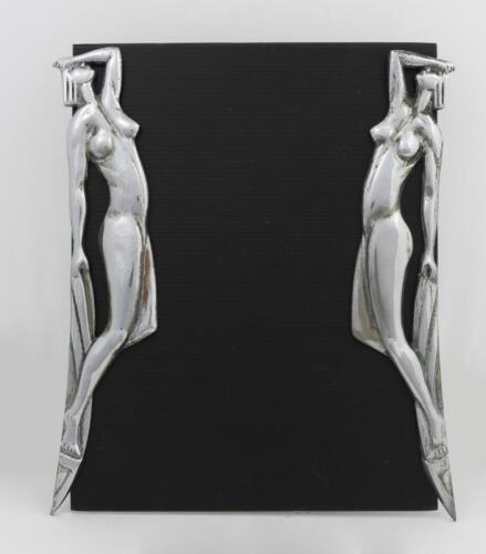 LUGGAGE ADORNMENTS: A pair of Art Deco luggage/trunk adornments for rear mounted automotive trunks featuring stylised women