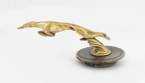 DELAGE: A brass art deco style leaping greyhound mascot after Casimir Brau. As fitted to Delage saloon and sports touring cars of the 1920s period,