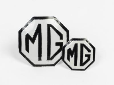 MG: Two 'MG' octagon convex enamel car badges