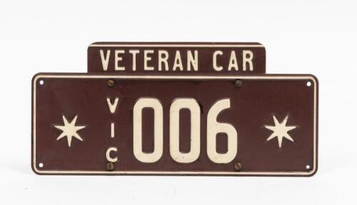 VETERAN CAR: A Victorian 'VETERAN CAR' number plate - '006'