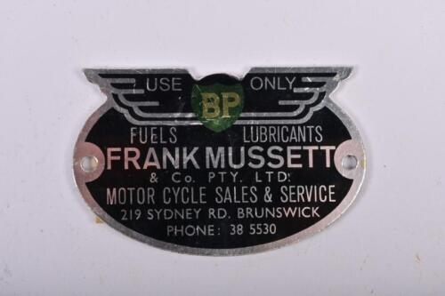 FRANK MUSSETT: A very rare 'B.P FUELS, LUBRICANTS FRANK MUSSETT & Co. PTY. LTD MOTORCYCLE SALES & SERVICE' business plaque